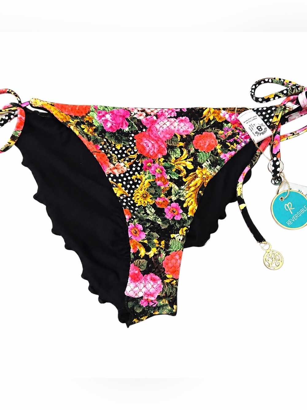 Luli Fama Forever Yours Reversible Floral Black Tie Side Bikini Bottom NWT Large